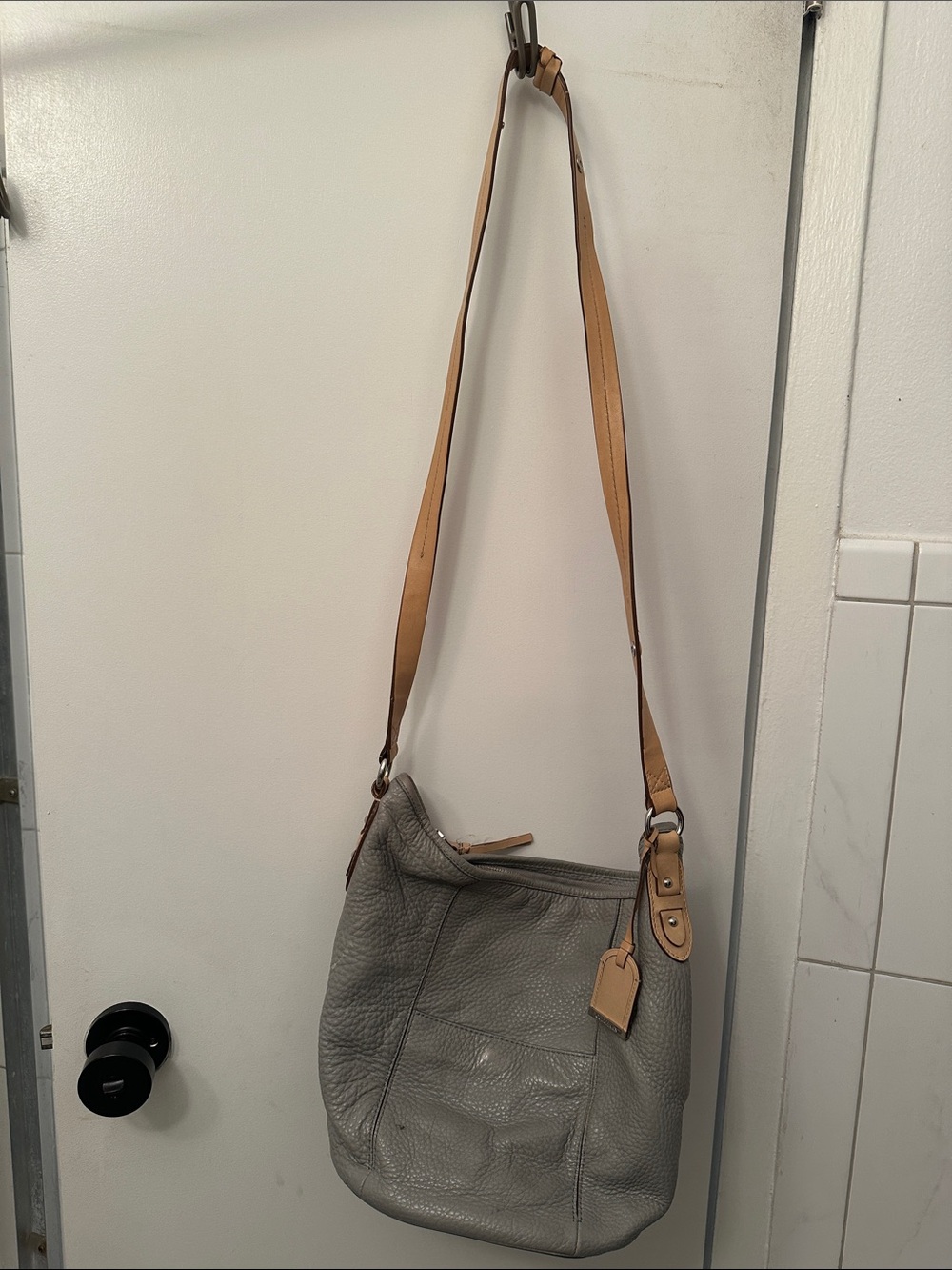 Cole Haan Leather Hobo Crossbody Bag in Light Gray with Adjustable Tan Strap